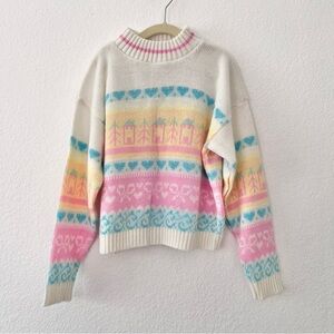 Vintage Knitique Fair Isle Pastel Bow Heart Sweater Sz 12/14